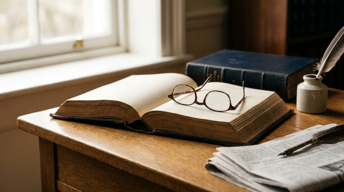 Wetboek en leesbril op een houten bureau bij ochtendlicht