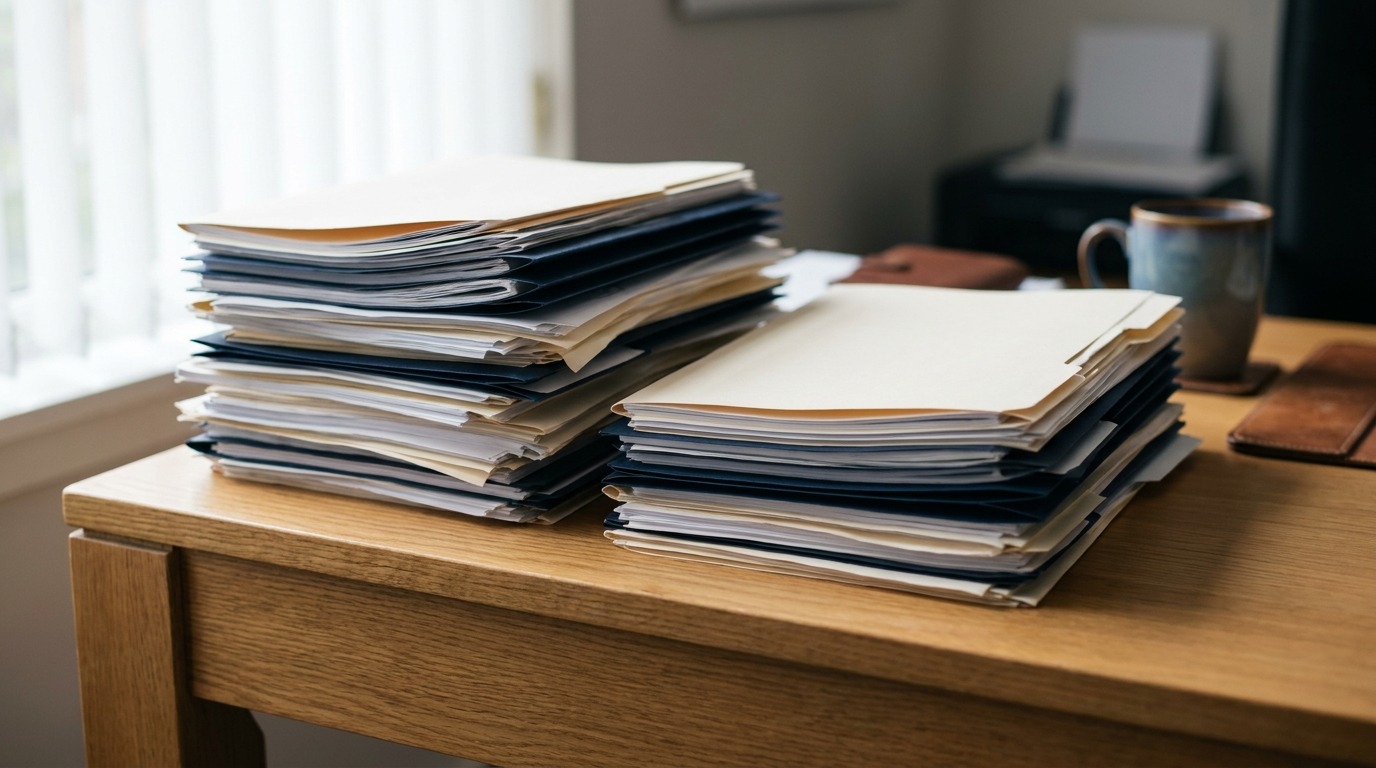 Compositie van twee documentstapels tegenover elkaar op een bureau