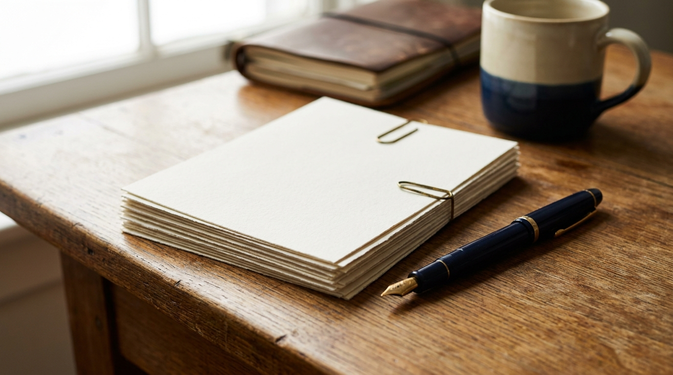 Geordende documentstapels met vulpen op een eiken tafel